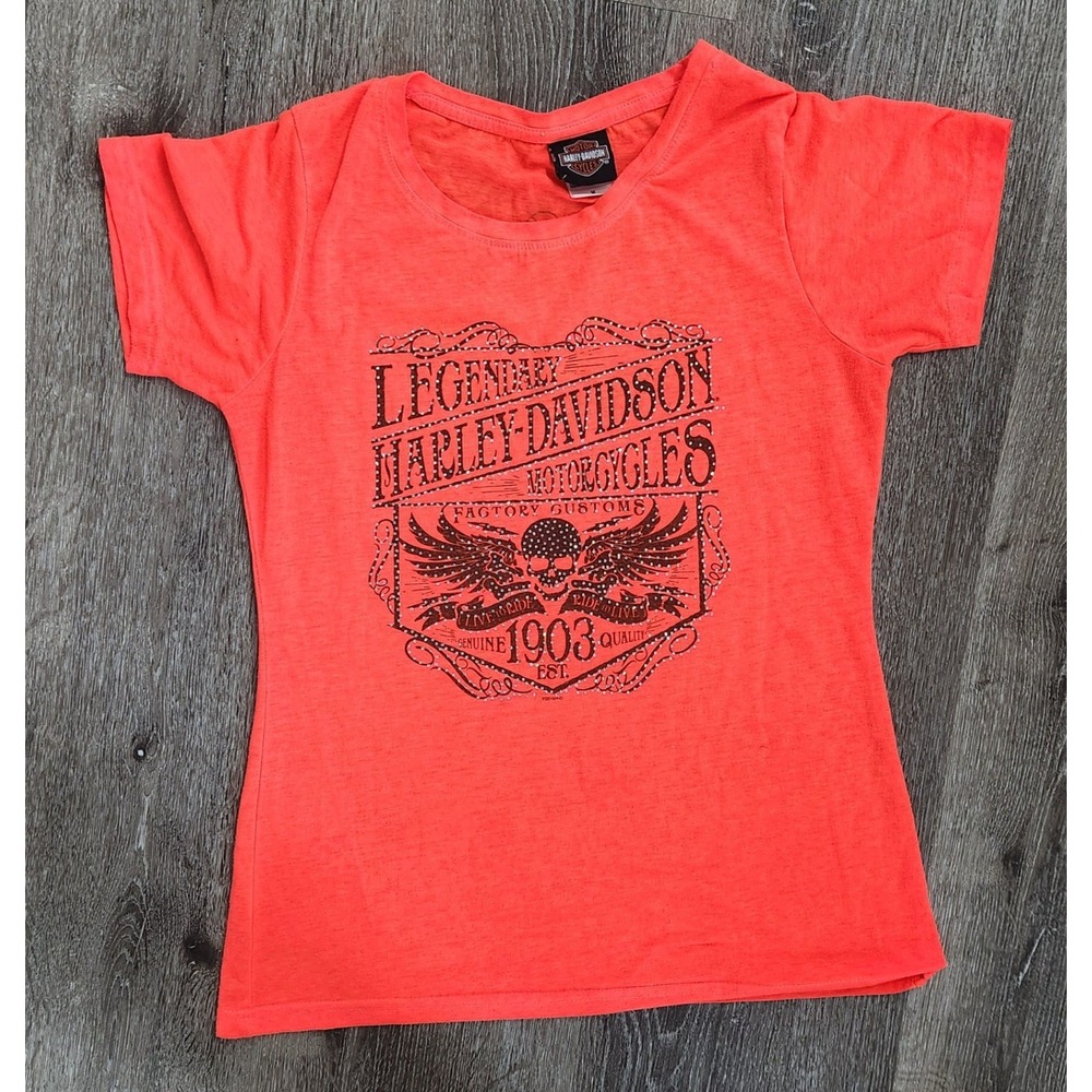 Harley-Davidson Wiesbaden Germany Graphic T-Shirt Orange Rhinestones Women's M
